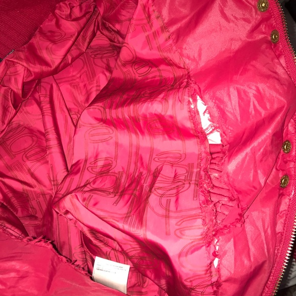 Bebe Cherry Red Bomber Puffer Gold Belted Jacket - Picture 14 of 15